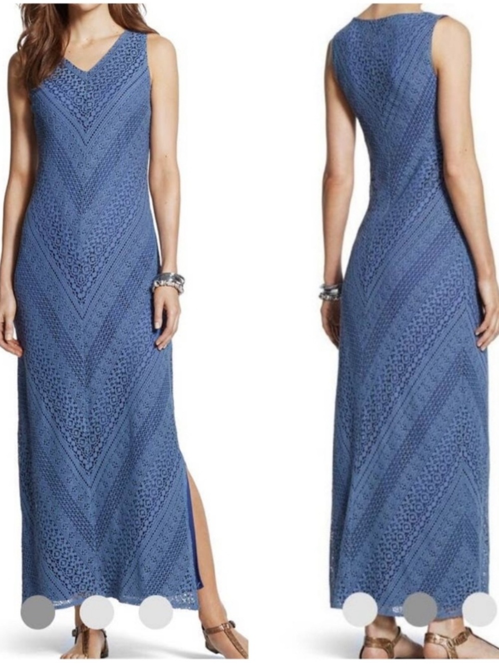 Chicos Maggie Lace Maxi Dress in Stone Blue, V-Neck, Fully Lined Size 3 NWT